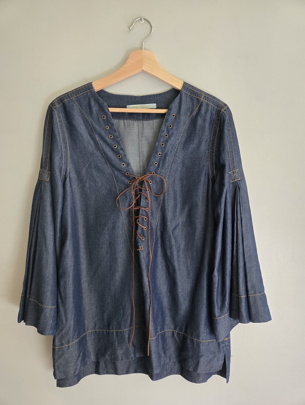 Mariangélica Guerra Denim Lace Up Bell Sleeve Boho Western Tunic Top Sz 10 Indie
